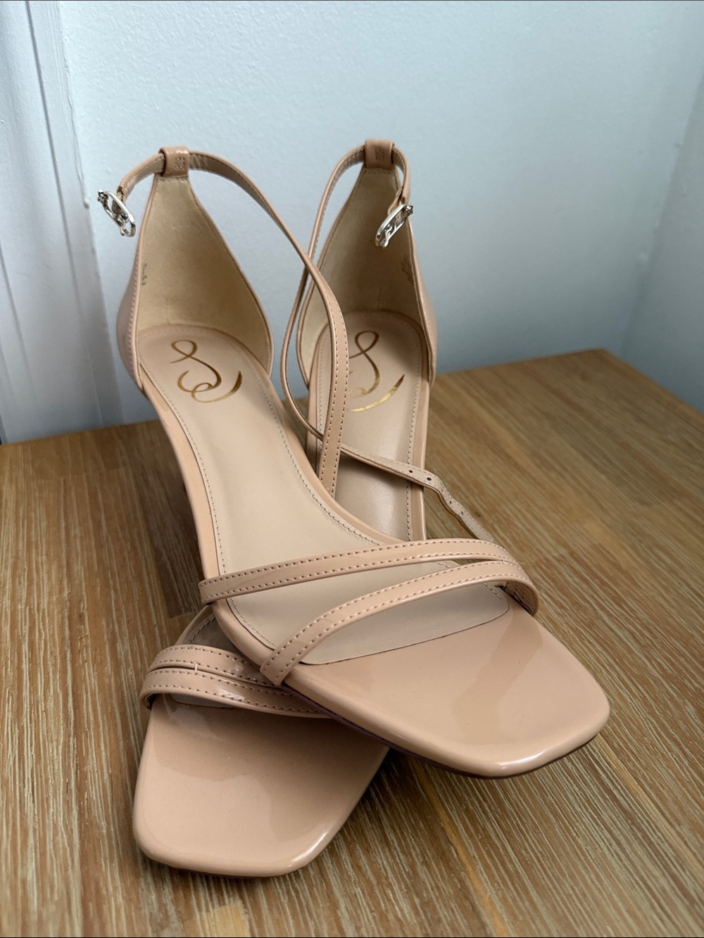 Sam Edelman Beige Patent Strappy Ankle‑Strap Heels
